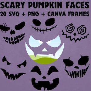 Pumpkin Face svg Canva Frame, 20 Halloween Scary cutfile png, Spooky Season Carved Horror Face Editável Canva Template, Pumpkin Faces Bundle