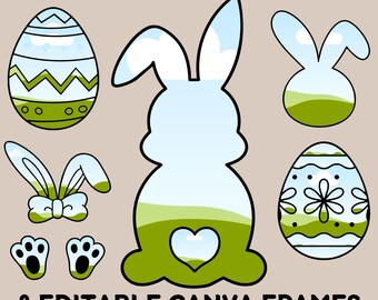Cute Easter Canva Frame Bundle, Coquette Bunny with Bow Canva Frame, Drag and Drop Easter Canva Template, Custom Easter Clipart Doodle Bunny