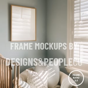 May include: A light blue nursery with a white crib, a white armchair with pillows, and a framed picture on the wall. The window has white blinds. The text "FRAME MOCKUPS BY DESIGNS & PEOPLECO" is visible in the image.