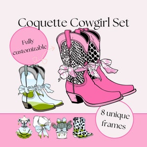 Trendy cowgirl laarzen, hoeden en strikken canvas lijstsjabloon, girly cowboy western cactus lijst, flirterige jurk flirt + handschoenen canva lijst svg