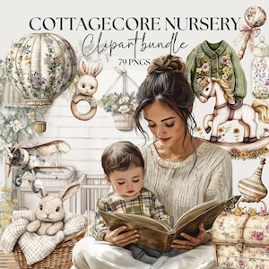 Cottagecore Kinderzimmer Clipart Bundle, Aquarell Vintage Spielzeug png Set, Puppenhaus, Heißluftballon Dekor, Holzeisenbahn Set, Stubenwagen png