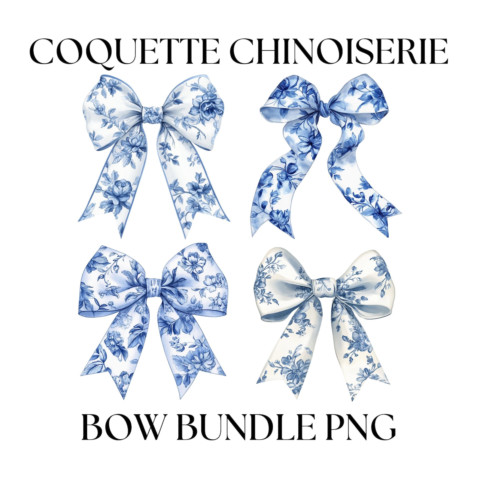Blue Chinoiserie Bows PNG: Coquette Floral Clipart Bundle) - Etsy