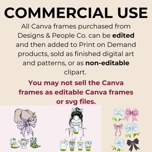 May include: Text overlay on a beige background with the words "COMMERCIAL USE" in black bold letters. The text below explains that Canva frames purchased from Designs & People Co. can be edited and then added to Print on Demand products, sold as finished digital art and patterns, or as non-editable clipart. The text continues, "You may not sell the Canva frames as editable Canva frames or SVG files."