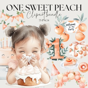 Un lot de cliparts pêche douce, clipart pêche baby shower, éléments de conception Invitation anniversaire un an pêche, clipart gâteau Smash png thumbnail