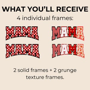May include: Four digital frames featuring the word "MAMA" in a red, white, and pink colour scheme. Two frames have a solid background, while the other two have a grunge texture.