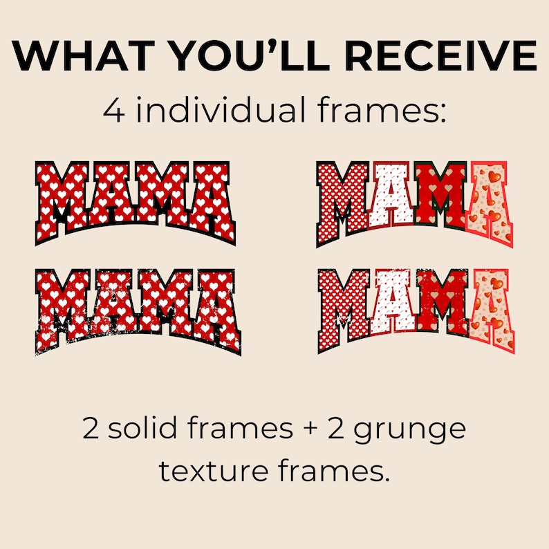 May include: Four digital frames featuring the word "MAMA" in a red, white, and pink colour scheme. Two frames have a solid background, while the other two have a grunge texture.