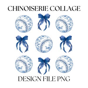 Blue Chinoiserie Baseball Bows PNG: Coquette Collage)