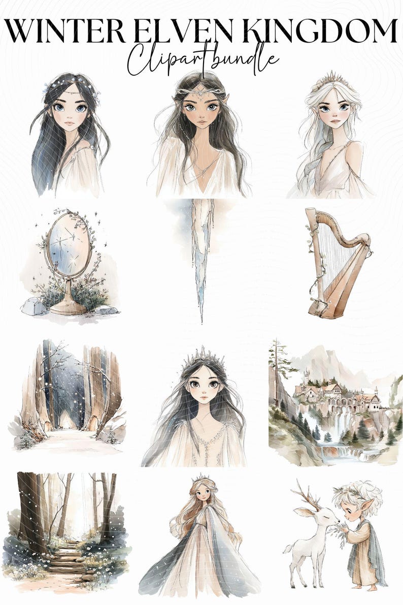 Winter Elven Kingdom Clipart Bundle, Ice Elf Princess Png, Snow Forest ...