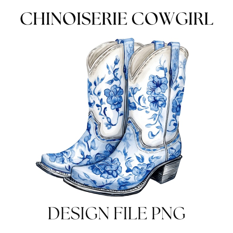 Blue Chinoiserie Cowgirl Boots Clipart: Watercolor Floral PNG - Etsy