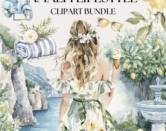 Peut inclure: Illustration aquarelle d'une femme en robe fleurie tenant un cornet de glace. Elle se tient devant un citronnier avec une fontaine en arrière-plan. Le texte "Amalfi Lifestyle Clipart Bundle" est en haut de l'image.