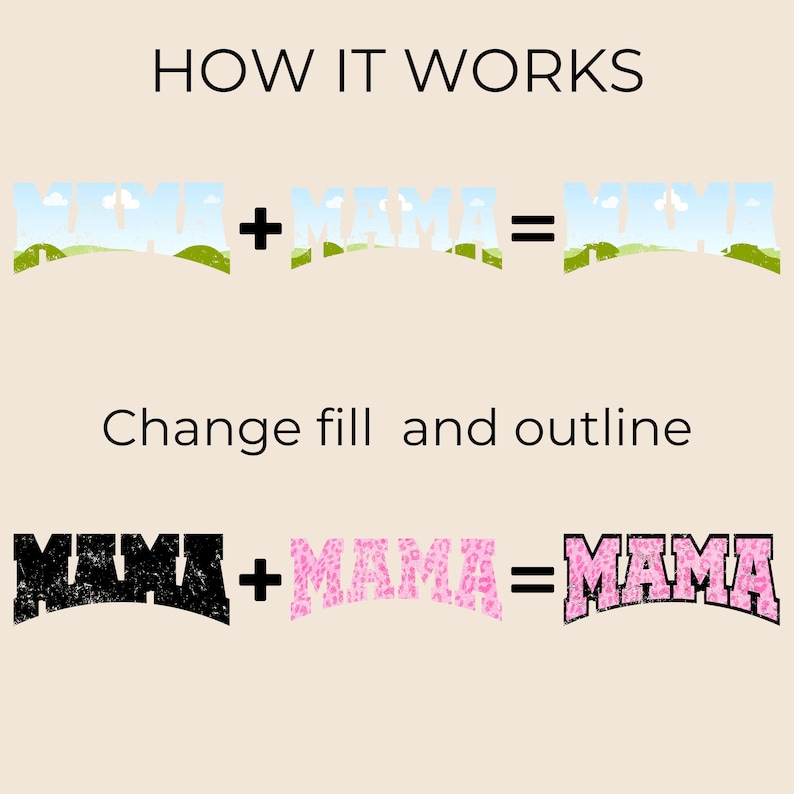 May include: How it works: Two versions of the word "MAMA" are shown, one with a green fill and a sky blue outline, and the other with a black fill and a pink outline. The two versions are combined to create a final version with a pink fill and a black outline. Change fill and outline.
