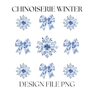 Chinoiserie kerststrikken png, wintersneeuwvlokken chinoiseriecollageontwerp png, blauwe toile aquarelstrik png, blauwwitte strik png
