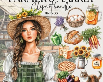 Watercolor Farmer's Market Clipart Bundle: Farm Animals, Food Stalls (PNG Files)