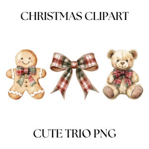 Clipart di Natale PNG, Papillon scozzese png, Fiocco di Natale a scacchi png, Orsetto di peluche e biscotto di pan di zenzero Clipart di Coquette png