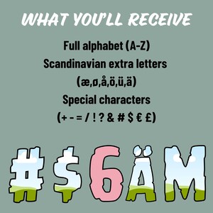Puede incluir: Un gr&aacute;fico que muestra los caracteres incluidos en un conjunto de fuentes. Los caracteres incluyen el alfabeto completo, letras escandinavas y caracteres especiales. El texto dice "WHAT YOU'LL RECEIVE Full alphabet (A-Z) Scandinavian extra letters (&aelig;,&oslash;,&aring;,&ouml;,&uuml;,&auml;) Special characters (+- = /!? & # $ &euro; &pound;) #$6&Auml;M"