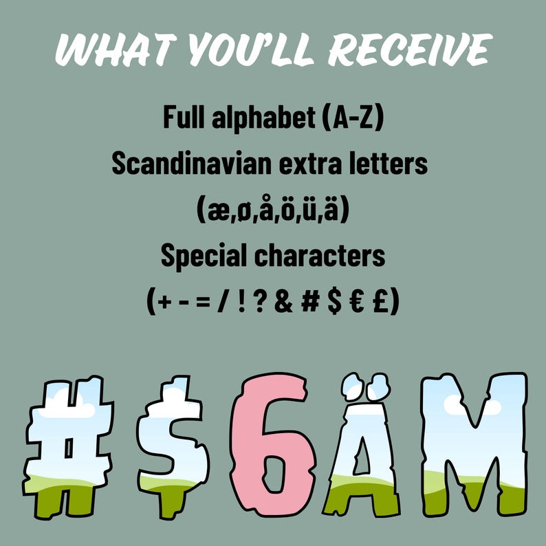 Puede incluir: Un gr&aacute;fico que muestra los caracteres incluidos en un conjunto de fuentes. Los caracteres incluyen el alfabeto completo, letras escandinavas y caracteres especiales. El texto dice "WHAT YOU'LL RECEIVE Full alphabet (A-Z) Scandinavian extra letters (&aelig;,&oslash;,&aring;,&ouml;,&uuml;,&auml;) Special characters (+- = /!? & # $ &euro; &pound;) #$6&Auml;M"