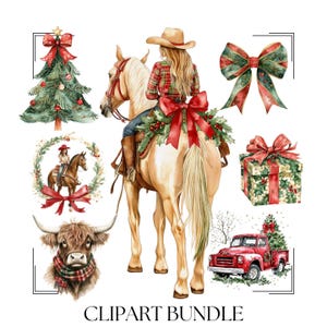 Cowgirl Noël 30 png, ensemble vintage de cliparts Noël Western, ensemble de cliparts rodéo, bonjour Noël, camion aquarelle cowboy père Noël