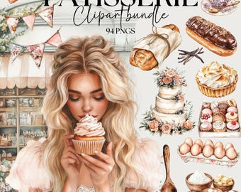 Puede incluir: Ilustración en acuarela de un paquete de imágenes prediseñadas de pastelería. La imagen presenta a una mujer sosteniendo una magdalena, junto con varios productos horneados como croissants, pasteles y pasteles. Se muestra el texto "Pâtisserie Clipartbundle".