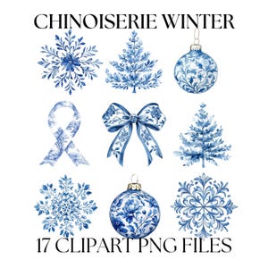 Chinoiserie winter clipart png bundel, blauw witte toile strik png, coquette kerstboom png, chinoiserie kerstbal png, blauw witte sneeuwvlokken