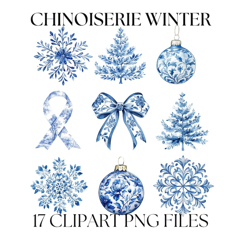 May include: A set of 17 blue and white winter-themed clipart images in a chinoiserie style. The images include snowflakes, trees, ornaments, bows, and ribbons.