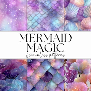 May include: A collection of six seamless patterns with a mermaid theme. The patterns feature watercolor designs of mermaid scales, seashells, and coral in shades of purple, blue, and pink. The text "MERMAID MAGIC" is displayed above the patterns.