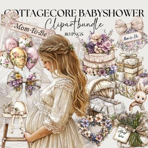 Paquete de imágenes prediseñadas de baby shower Cottagecore, bebé envuelto en una rosa vintage png, conjunto de anuncios de embarazo de esposa tradicional, diseño de invitación floral png