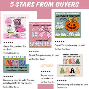Puede incluir: Cinco estrellas de compradores de Etsy para productos digitales, que incluyen un conjunto de botas de vaquera, marcos de lazos y cintas, marcos de calabazas de Halloween, un alfabeto retro y una plantilla de fondo y relleno personalizable.