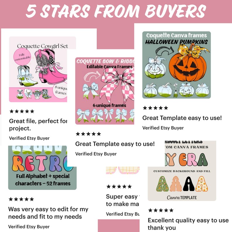 Puede incluir: Cinco estrellas de compradores de Etsy para productos digitales, que incluyen un conjunto de botas de vaquera, marcos de lazos y cintas, marcos de calabazas de Halloween, un alfabeto retro y una plantilla de fondo y relleno personalizable.