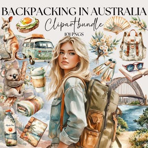 以下が含まれることがあります： 「Backpacking in Australia」と題された水彩画クリップアートバンドル。バックパックを背負った女性、カンガルー、コアラ、バン、シドニーハーバーブリッジ、その他のオーストラリア旅行をテーマにしたイラストが含まれています。101 PNGが含まれています。