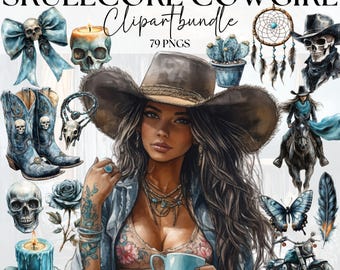 Skullcore cowgirl-clipartbundel: westerse schedelafbeeldingen (PNG-bestanden)