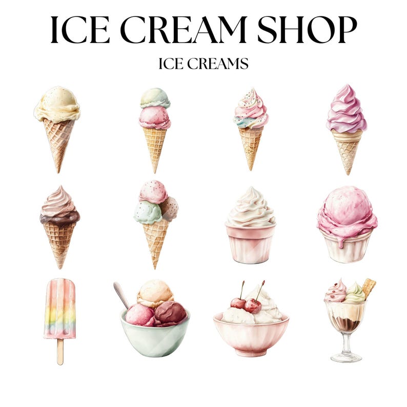 May include: Watercolor illustration of various ice cream treats. The image features ice cream cones, sundaes, and popsicles in a variety of flavors and colors. The text "ICE CREAM SHOP" and "ICE CREAMS" is displayed at the top of the image.