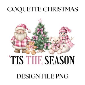 Natale rosa png, Design maglietta Tis the season png, Natale acquerello coquette png, Babbo Natale rosa png, Albero di Natale con fiocchi rosa