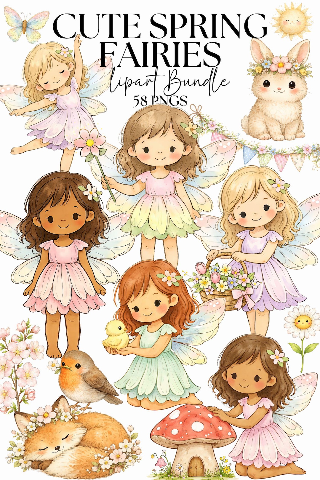 Cute Pastel Spring Fairies Clipart Bundle, Woodland Nursery Fairy PNG ...