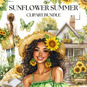 Zonnebloem zomer clipart bundel, scrapbooking junkjournal designelementen, aquarel zonnebloem png, gele strik png, bloemen krans clipart