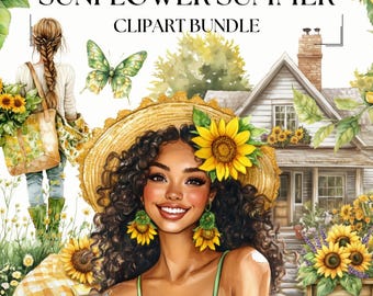 Sunflower Summer Clipart Bundle: Watercolor Floral PNG)