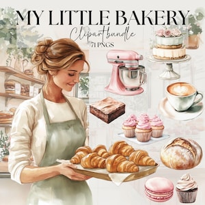 Pacchetto di clipart di panetteria, elementi di design del marchio per piccole imprese, set di png di pasticceria ad acquerello, png in stile vetrina di negozio locale, png estetica da bar
