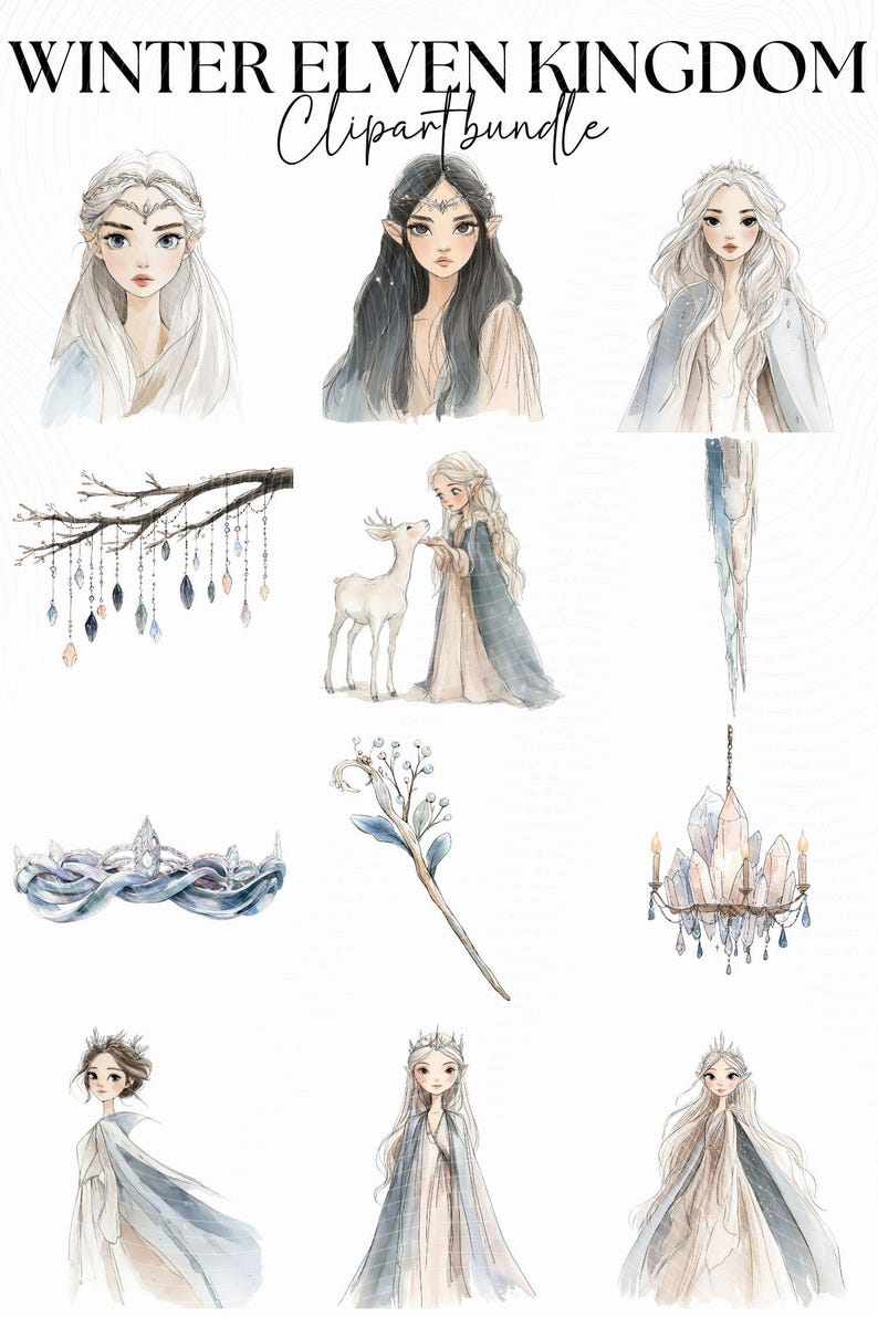 Winter Elven Kingdom Clipart Bundle, Ice Elf Princess Png, Snow Forest ...