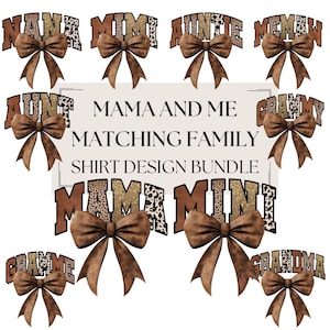 May include: A set of 10 iron-on transfers featuring various family member titles with a brown and gold leopard print bow. The titles include "Nana", "Mimi", "Auntie", "Memaw", "Aunt", "Grammy", "Mama", "Mini", "Gramme", and "Grandma".