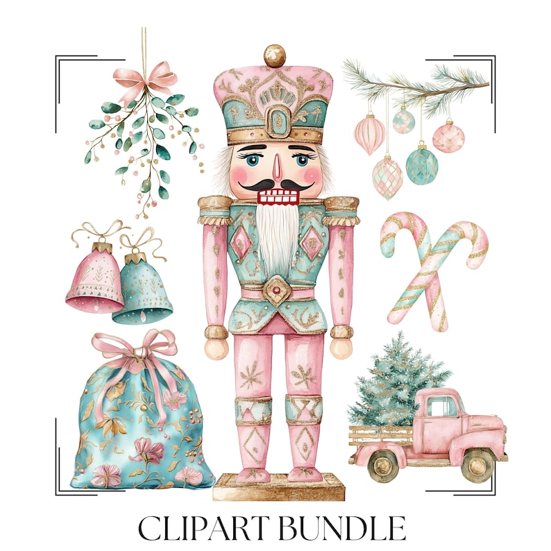 May include: A watercolor clipart bundle featuring a pink and blue nutcracker, a candy cane, a pink truck with a Christmas tree, a gift bag, and a sprig of mistletoe. The clipart is perfect for creating holiday cards, invitations, and other festive crafts.
