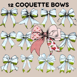 May include: Twelve hand-drawn illustrations of various bows in different colors and patterns. The bows are in a variety of styles, including plaid, polka dot, and solid colors. The bows are all tied in a classic bow shape.