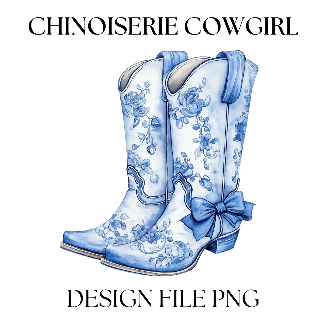 Blue Chinoiserie Cowgirl Boots Clipart: Watercolor Floral (PNG) - Etsy