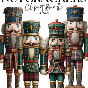 May include: Four detailed illustrations of nutcrackers in a "Red Heritage Nutcrackers Clipart Bundle". The nutcrackers are dressed in green, red, and blue uniforms with gold accents and plaid patterns. The text "Clipart Bundle" and "4 PNGs" are also visible.