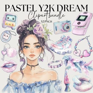 Bundle de cliparts pastel de l'an 2000, éléments de conception aquarelle de Style millénaire, téléphone à clapet png, cassette png, esthétique des années 2000