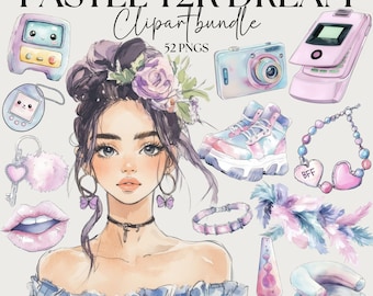 Pastel Y2K Clipart Bundle, Watercolor Millennial Style Design Elements, Flip phone png, Cassette Tape png, 2000's style aesthetic