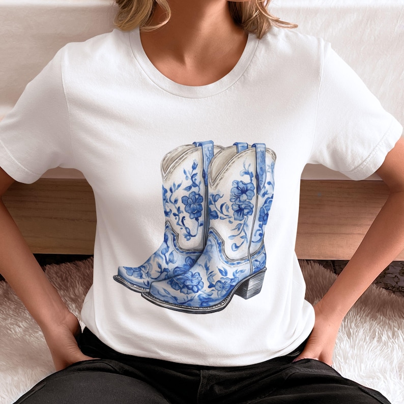 Blue Chinoiserie Cowgirl Boots Clipart: Watercolor Floral PNG - Etsy