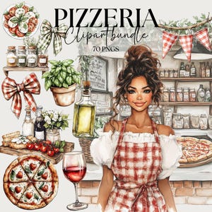Paquete de imágenes prediseñadas de pizzería, elementos de diseño de marca para pequeñas empresas, conjunto de imágenes PNG de tienda de acuarela, menú de pizzería local, lazo rojo a cuadros PNG