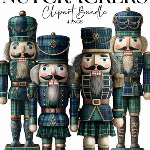 May include: Four decorative nutcrackers in a row, each with a unique design. They wear blue and green plaid uniforms with gold accents, and tall hats. The text "HERITAGE NUTCRACKERS Clipart Bundle 4 PNGS" is at the top.