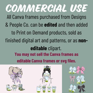 Puede incluir: Licencia de uso comercial para marcos Canva comprados a Designs & People Co. El texto establece que los marcos se pueden editar y agregar a productos a pedido, vender como arte digital terminado y patrones, o como im&aacute;genes predise&ntilde;adas no editables. El texto tambi&eacute;n establece que los marcos no se pueden vender como marcos Canva editables o archivos SVG. La imagen incluye ilustraciones de una mujer con un sombrero, una mujer con una bebida y lazos.