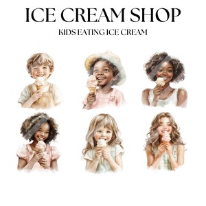 May include: Watercolor illustration featuring six children of diverse backgrounds, each holding an ice cream cone and smiling. The text "ICE CREAM SHOP" and "KIDS EATING ICE CREAM" are displayed at the top. The image has a soft, inviting aesthetic.