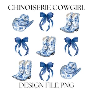 Blauwe chinoiserie-cowgirlcollage, Coastal Cowgirl-strikken png, ontwerpbestand blauwe toile-strik en laarzen, trendy blauw-wit shirtontwerp, cowboy
